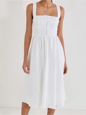 Square-Neck White Midi Dress with Scallop Trim
